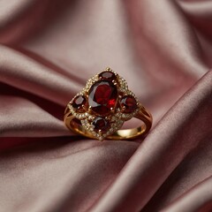 Fototapeta premium A gold ring adorned with red garnets, showcased against a silk fabric background.