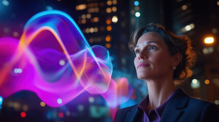 Professional Woman Contemplating Innovation with Abstract Light Patterns in Urban Night Setting