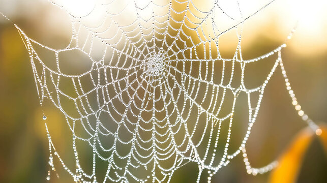 Close-up of dew-covered spiderwebs glowing in the morning light
