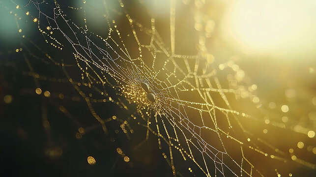 Close-up of dew-covered spiderwebs glowing in the morning light