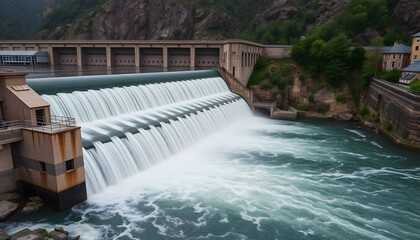 Hydroelectric dam generating green energy from flowing water, studio photography, with white tones