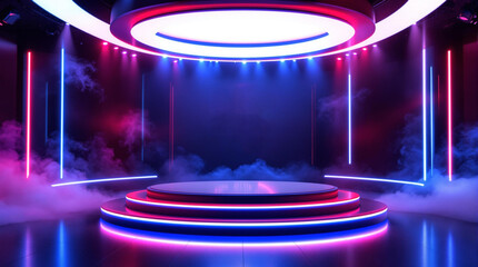 Glowing circular stage with neon red white blue lights eagle emblem backdrop for patriotic branding and political marketing visuals