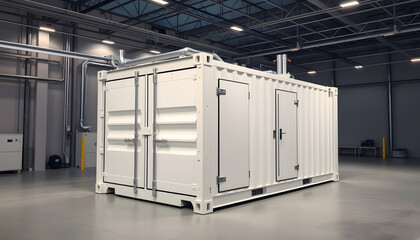 Energy storage system or battery container unit with white industry model for infrastructure development, studio lighting