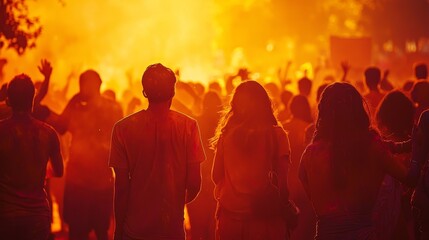 Fototapeta premium Joyful Holi Celebration at Sunrise with Warm Glow and Silhouettes of People