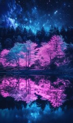 A mesmerizing nightscape of a forest with colorful trees reflecting in still water under a starlit sky