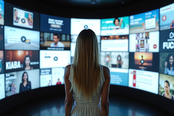 a blonde woman in a white jumpsuit standing before a circular wall of diverse digital screens.
