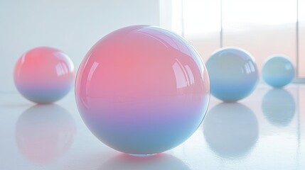 Symmetry gradient concept. Colorful glossy spheres arranged artistically in a modern minimalist space.
