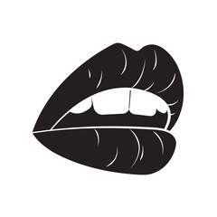 Woman beautiful lips in black and white in outline style, female sexy lips, open mouth, isolated on white background for icons, logo, kiss, stickers