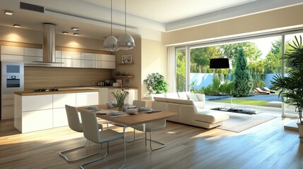 Fototapeta premium Modern Open Plan Living: Kitchen, Dining, and Lounge Area with Garden View
