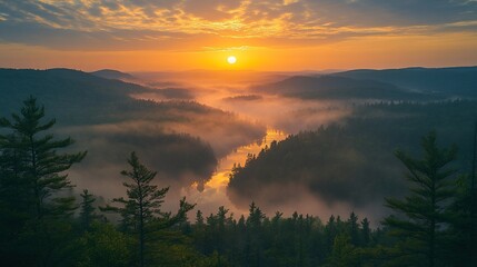 Obraz premium Sunrise over misty river valley, serene landscape, nature photography, ideal for travel brochures