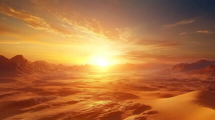 A glowing sunset over a sprawling desert landscape