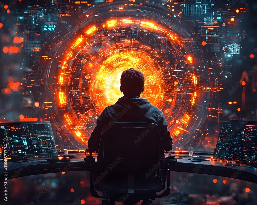 Poster Hacker Surrounded by Glowing 360 Degree Display of Encrypted Data and System Blueprints