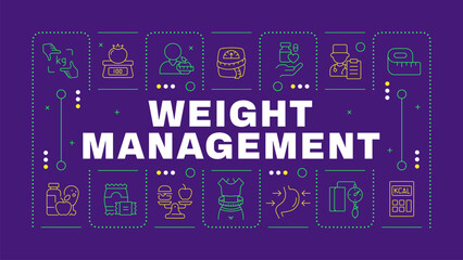Weight management purple word concept. Healthy food, vitamins. Health care, medicine. Visual communication. Vector art with lettering text, editable glyph icons. Hubot Sans font used