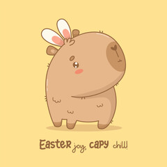 Cute Easter Capybara with Bunny Ears. Calm festive cartoon kawaii animal. Vector illustration. Holiday cool card with slogan. Kids collection