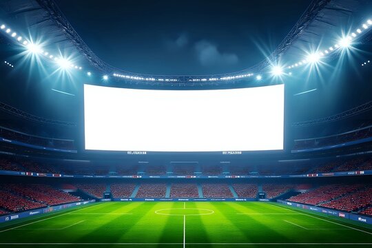 Large blank LED screen in football stadium with empty seats. Scoreboard for sport matches with copy space