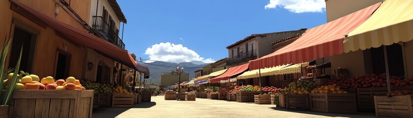 Obraz premium Bustling Outdoor Market Scene with Vibrant Produce Stalls and Mountain Backdrop
