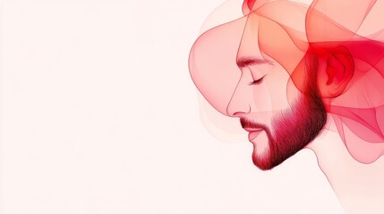 Obraz premium Abstract art portrait of a man with flowing red and pink translucent shapes, combining modern design, bold colors, and fluid motion to express creativity and emotion