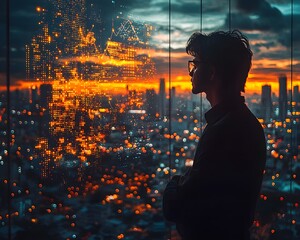 Corporate Executive Gazing at Holographic Growth Metrics Over Glowing Cityscape at Sunset
