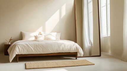 A minimalist bedroom with soft cream walls