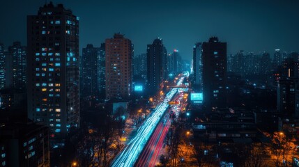 Fototapeta premium Night Cityscape: Urban Lights and Traffic Trails