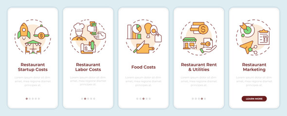 Restaurant operational costs onboarding mobile app screen. Walkthrough 5 steps editable graphic instructions with linear concepts. UI, UX, GUI template. Montserrat SemiBold, Regular fonts used
