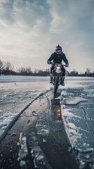 Motocross on the ice of a frozen lake