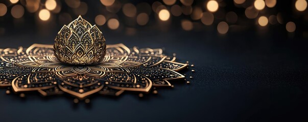 Naklejka premium Minimal symmetry idea. An elegant lotus design with intricate patterns and glowing lights in the background.