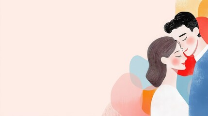 Vibrant illustration of a diverse couple gazing at one another with overlapping abstract color blocks, conveying themes of multicultural love, connection, and unity in modern art style