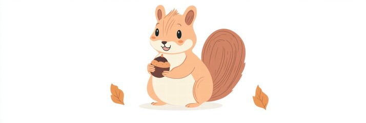 Cute squirrel holding acorn amidst autumn leaves in a cheerful illustration. Generative AI