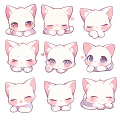 Cute kawaii ilustrations of a white cat with different expressions for stickers, emotes twitch, room decoration, logo, graphics, clipart, isolated, character design, decorative stickers