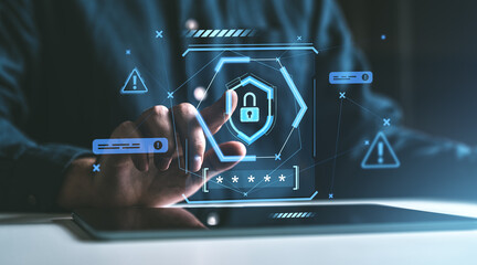 Digital security interface with lock and alerts on dark background.