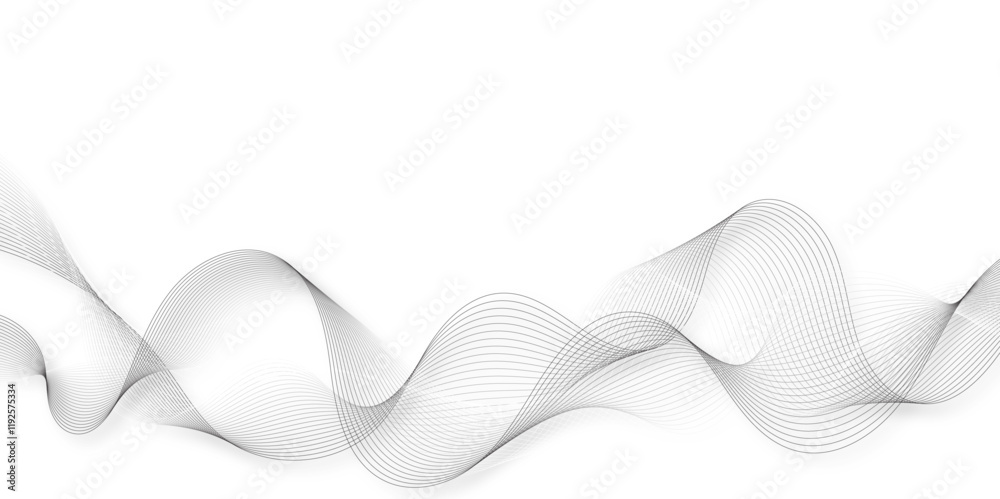 Poster Abstract grey, white smooth element swoosh speed wave modern stream background. Wave with lines created using blend tool. Abstract frequency sound wave lines and twisted curve lines background.	