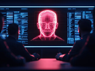 team analyzing glowing holographic human head projection in futuristic control room