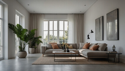 Fototapeta premium Modern Minimalist Living Room Interior Design: A Serene and Luxurious Space