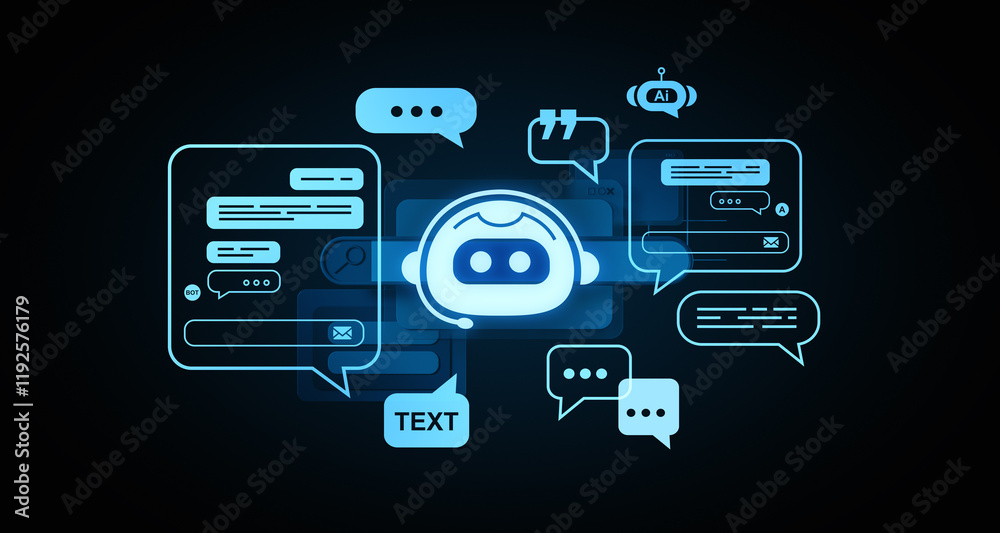 Poster futuristic chatbot interface with ai and speech bubbles on a dark background. 3d rendering