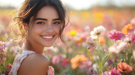 Naklejka premium Hispanic woman smiling in romantic moment at beautiful colorful flower field