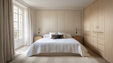 A minimalist bedroom styled with light linen walls