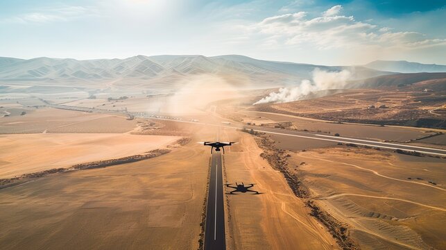 Aerial view of drone hovering above barren desert landscape, casting shadow on dry cracked ground, faint smoke trail in distance, unmanned aerial vehicle technology concept.