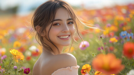 Naklejka premium Hispanic woman smiling in romantic moment at beautiful colorful flower field