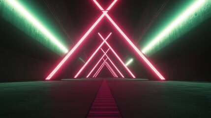 Fototapeta premium Futuristic neon tunnel, pink and green glowing lights, abstract background, architectural design, modern technology, vibrant colors, dark concrete walls.