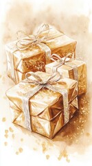 A warm-toned watercolor of New Year gifts wrapped in shimmering gold paper