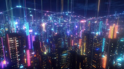 Neon-lit skyscrapers ascend into the night sky, representing a vibrant, futuristic smart city.