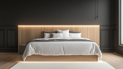 Obraz premium A minimalist bedroom featuring charcoal gray walls with a clean oak panel headboard
