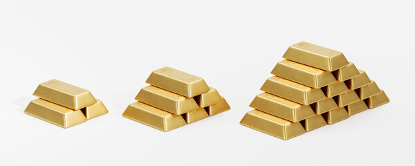 Stacked gold bars forming pyramids on a white background. 3D Rendering © ImageFlow