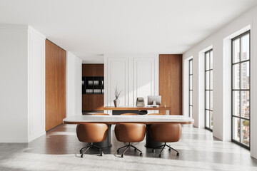 Modern office interior with wooden accents, large windows, and sleek furniture in a bright and clean design. 3D Rendering