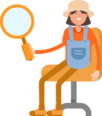 Woman Farmer Character Sitting and Holding Magnifier
