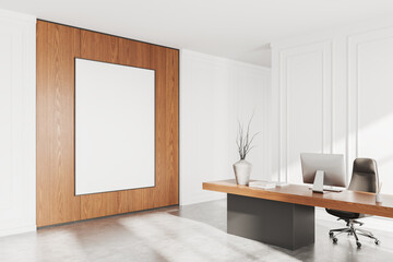 Modern office with blank wooden wall frame and elegant desk setup. 3D Rendering