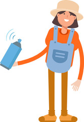 Woman Farmer Character Using Paint Spray Bottle
