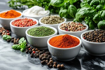Spices and herbs in bowls on marble counter