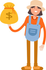 Woman Farmer Character Holding Dollar Sack
